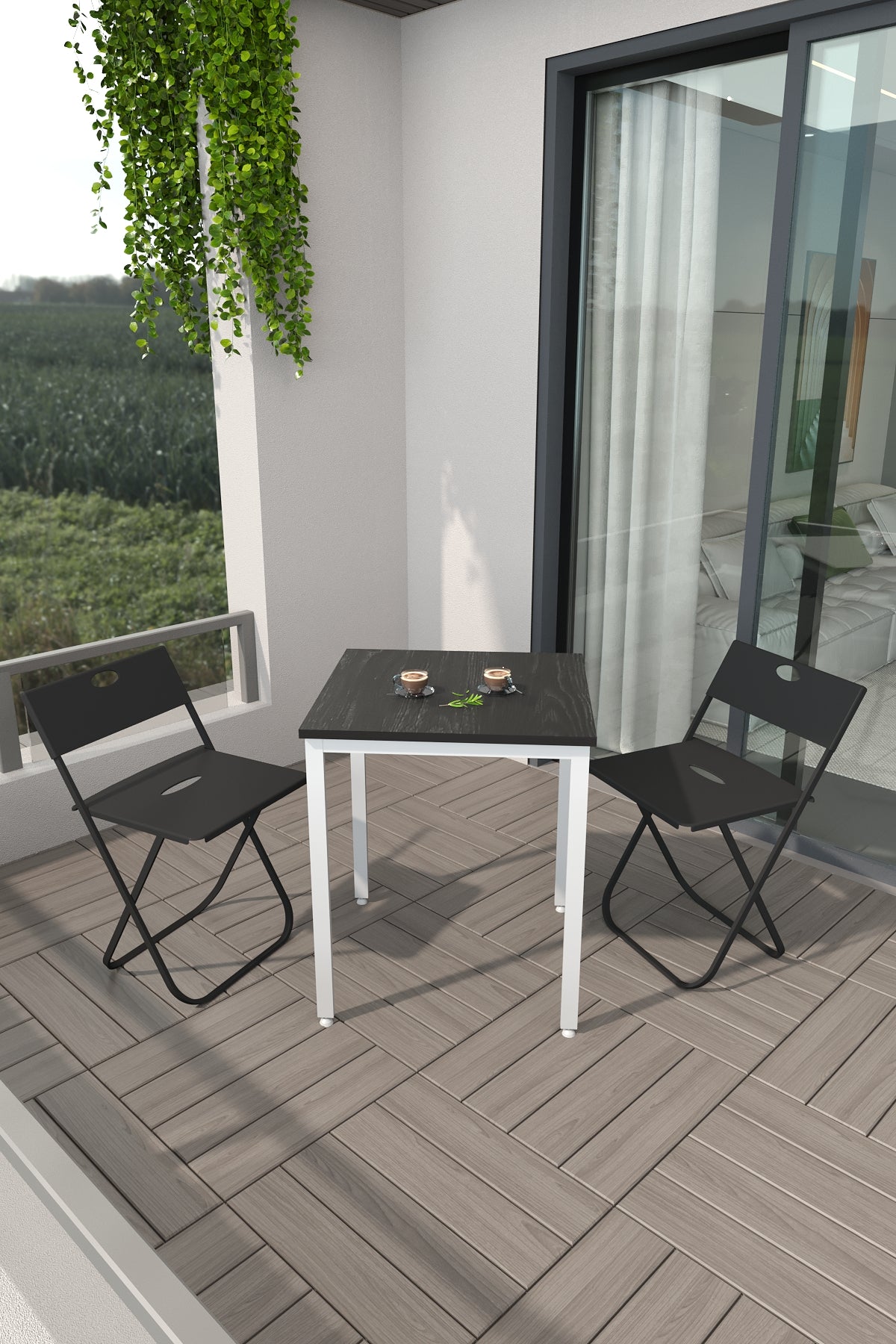 Flinder Balkon Bahçe 3’lü Bistro Set | 1 Masa + 2 Katlanır Sandalye – Siyah - Beyaz Ayak