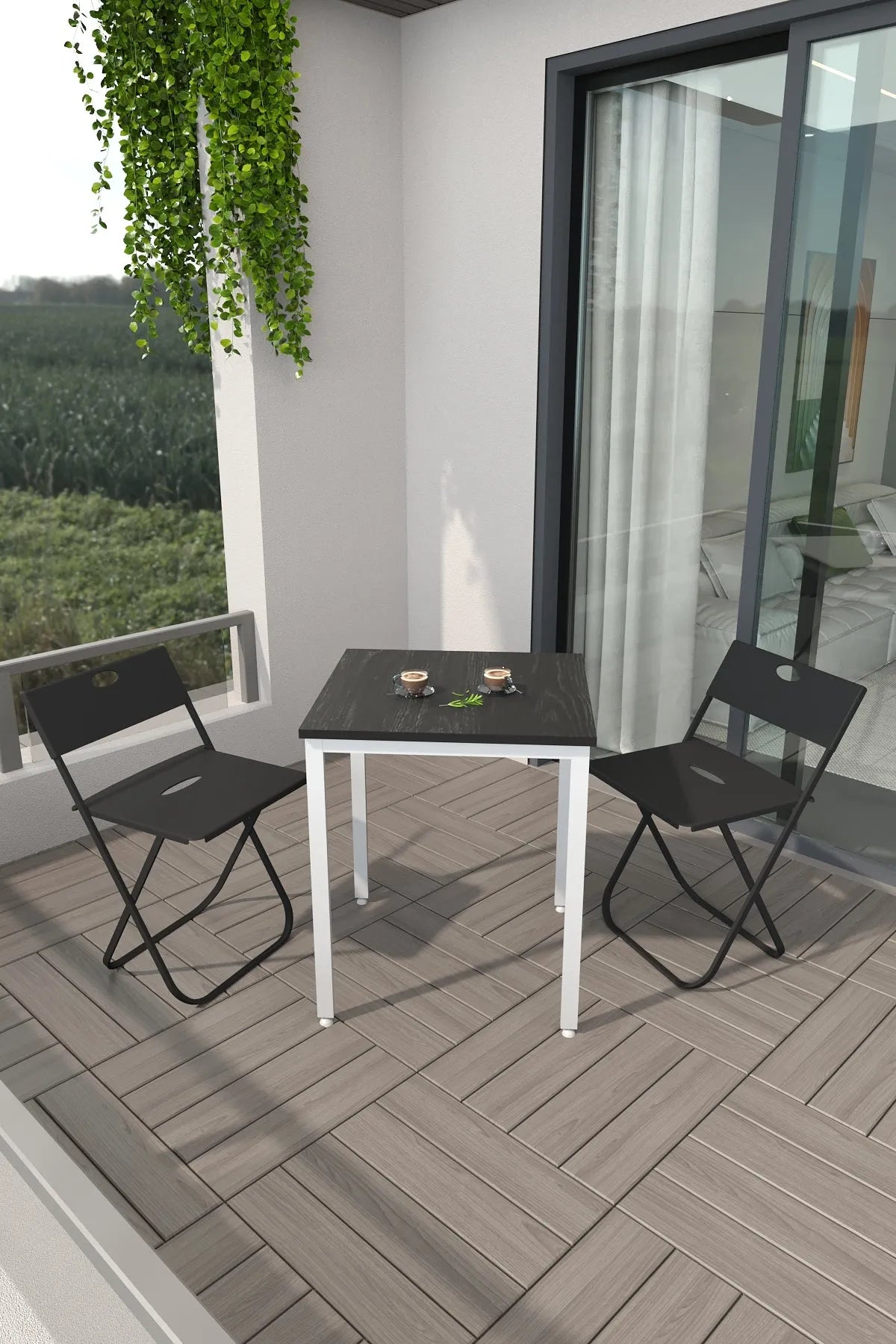 Balkon Bahçe 3'lü Bistro Seti | 1 Masa + 2 Katlanır Sandalye – Siyah Çam - Beyaz Ayak