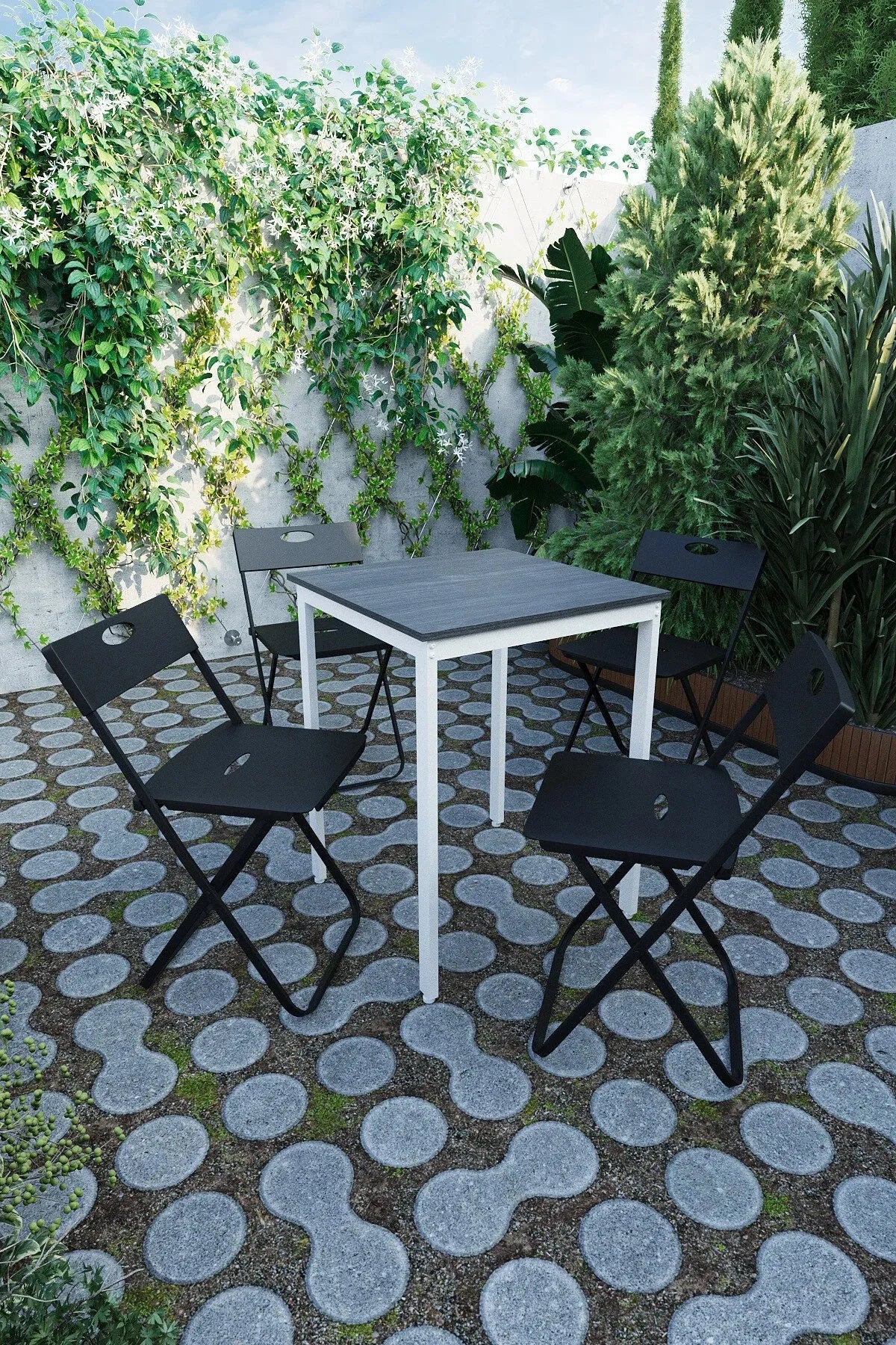 Balkon Bahçe 5'li Bistro Seti | 1 Masa + 4 Katlanır Sandalye – Siyah - Beyaz