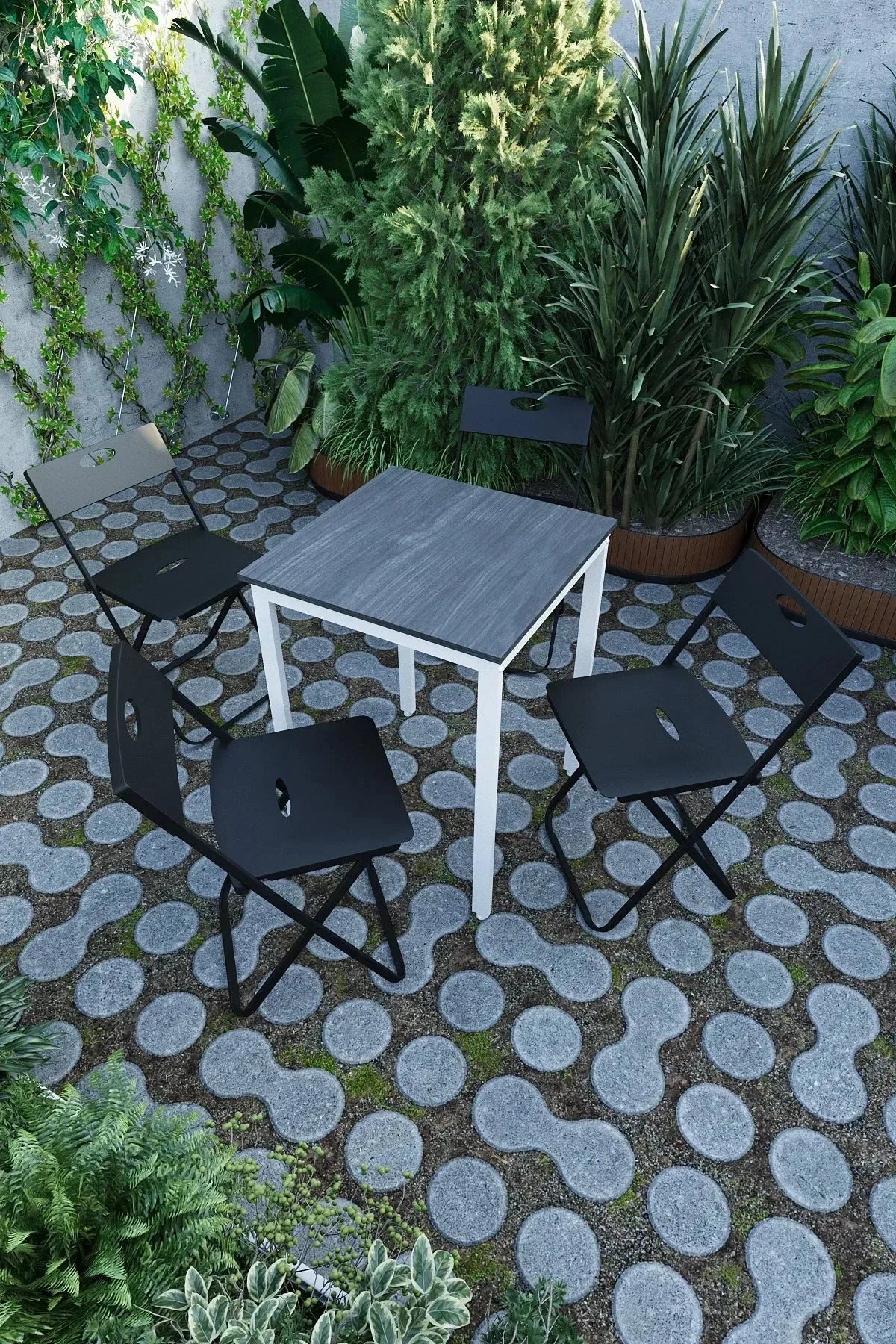 Balkon Bahçe 5'li Bistro Seti | 1 Masa + 4 Katlanır Sandalye – Siyah - Beyaz
