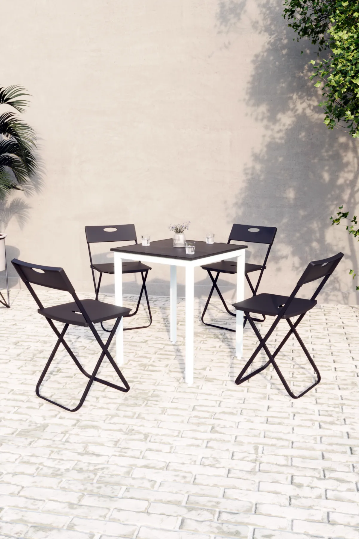 Balkon Bahçe 5’li Bistro Set | 1 Masa + 4 Katlanır Sandalye – Siyah - Beyaz