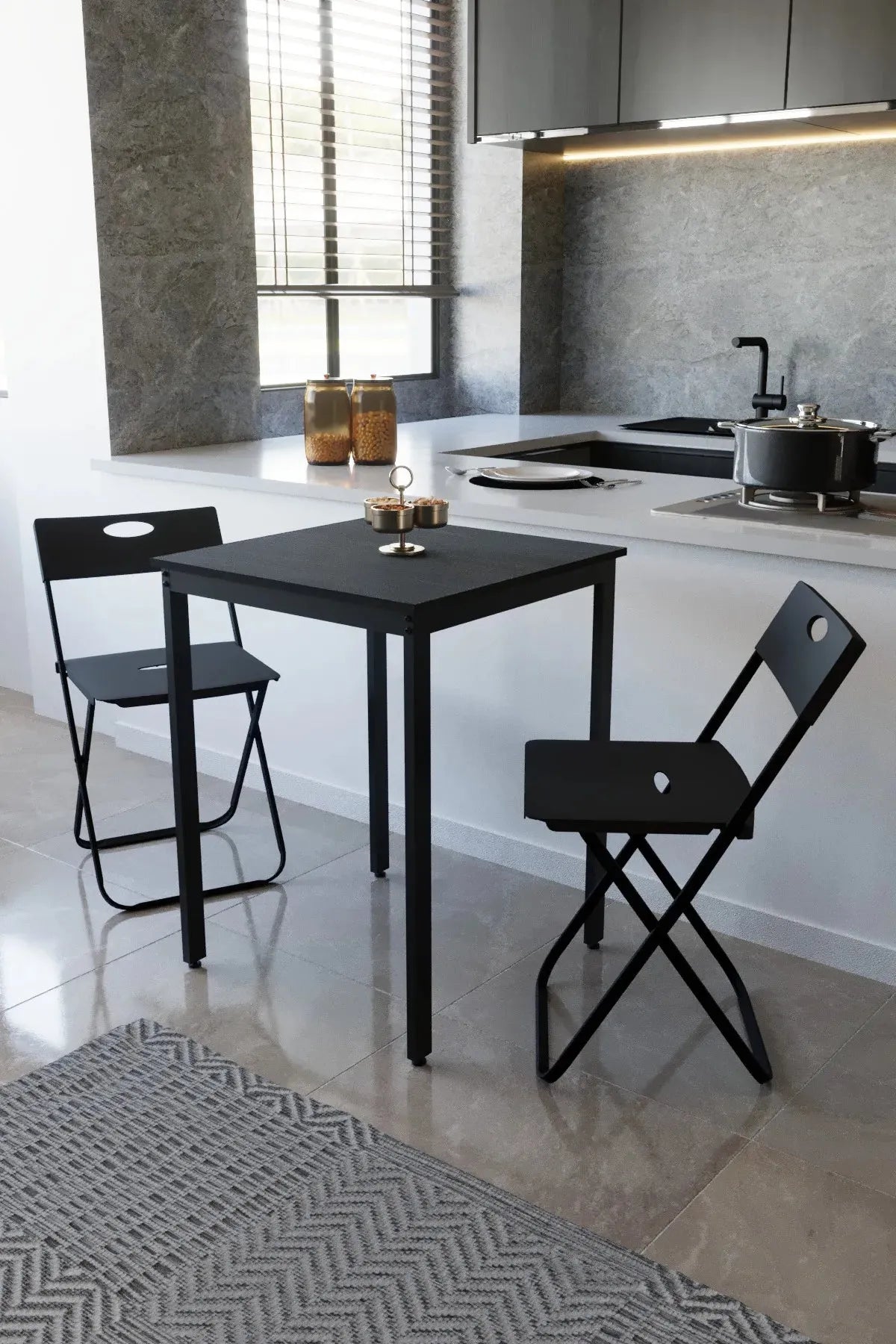 Balkon Bahçe 3’lü Bistro Set | 1 Masa + 2 Katlanır Sandalye – Siyah