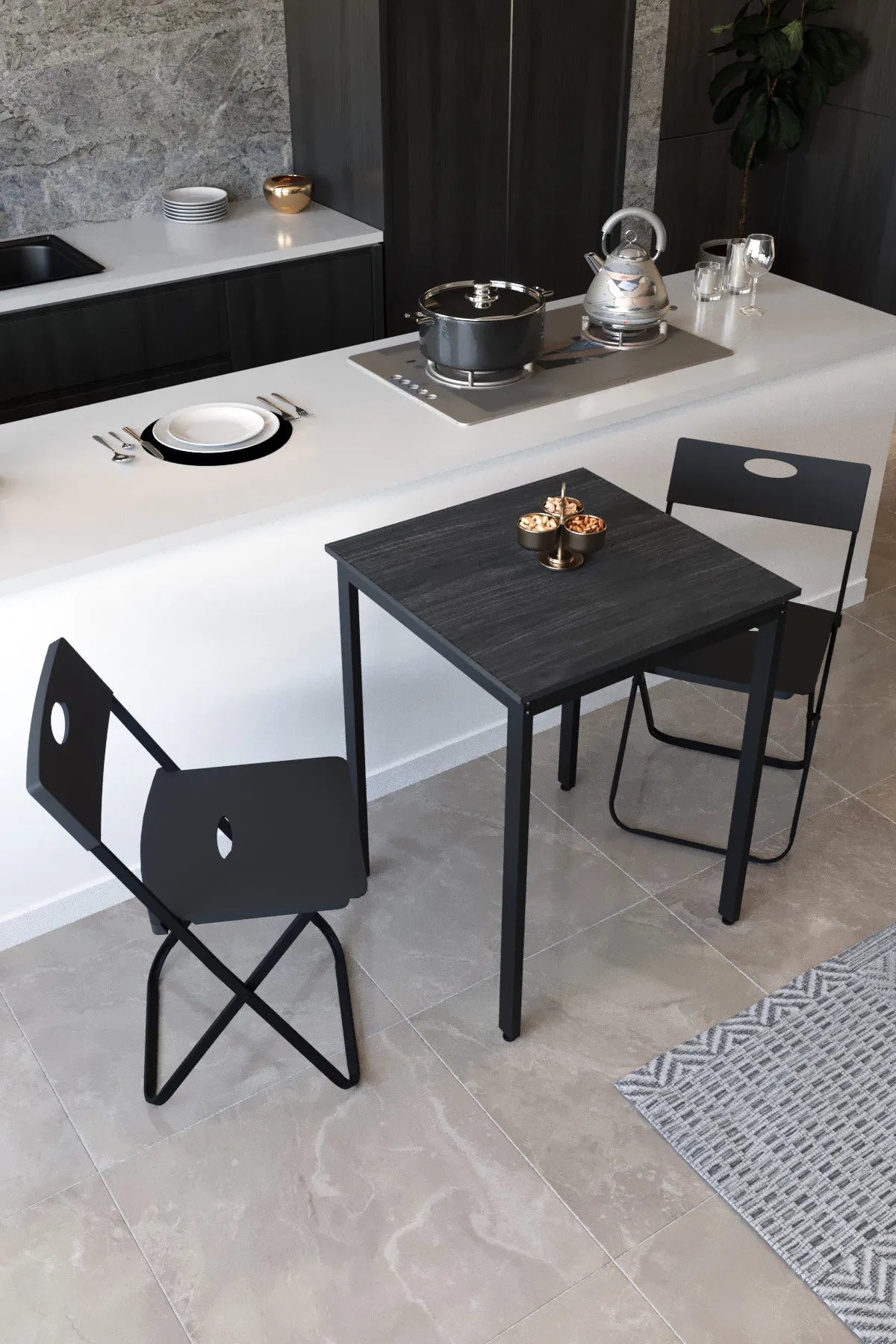 Flinder Balkon Bahçe 3’lü Bistro Set | 1 Masa + 2 Katlanır Sandalye – Siyah