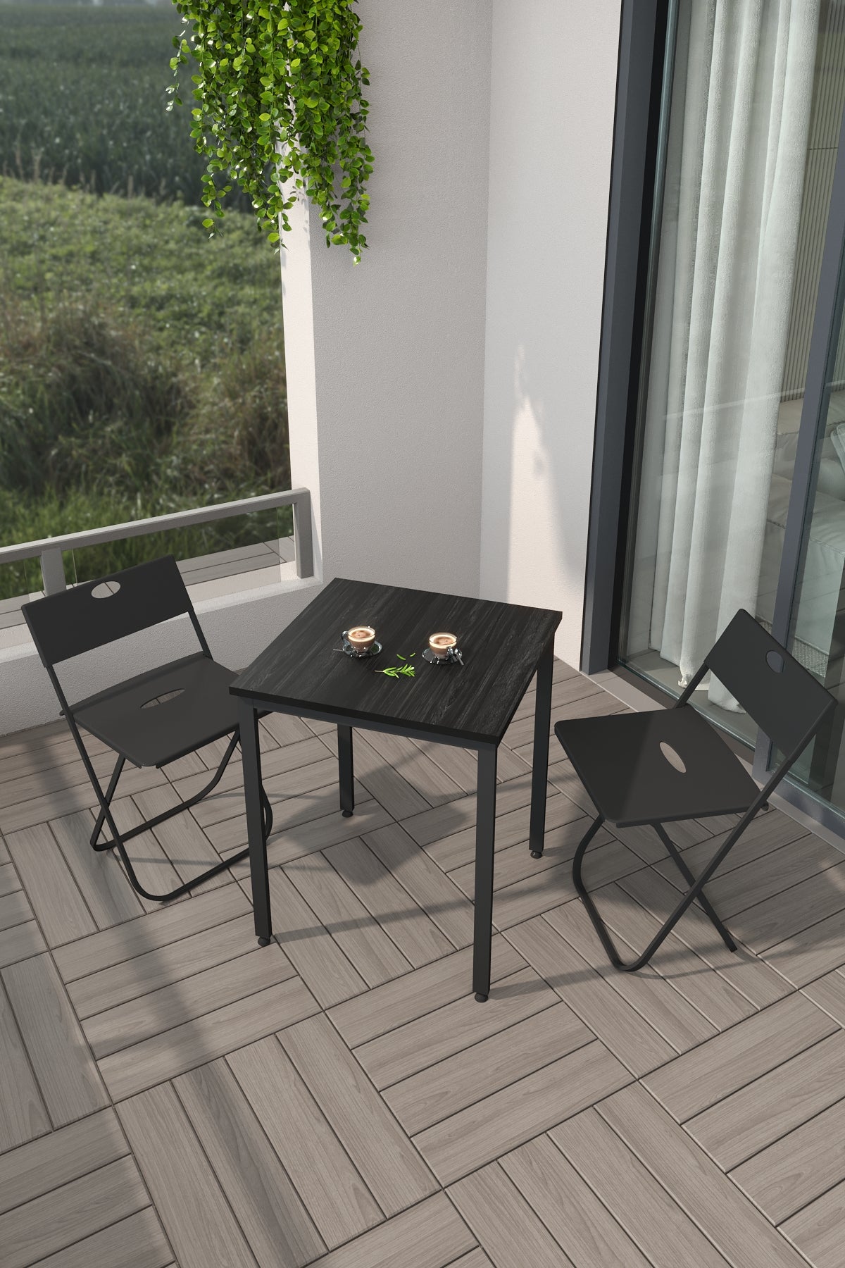Flinder Balkon Bahçe 3’lü Bistro Set | 1 Masa + 2 Katlanır Sandalye – Siyah