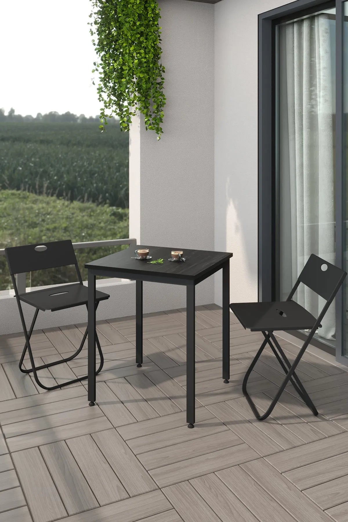 Balkon Bahçe 3'lü Bistro Seti | 1 Masa + 2 Katlanır Sandalye – Siyah