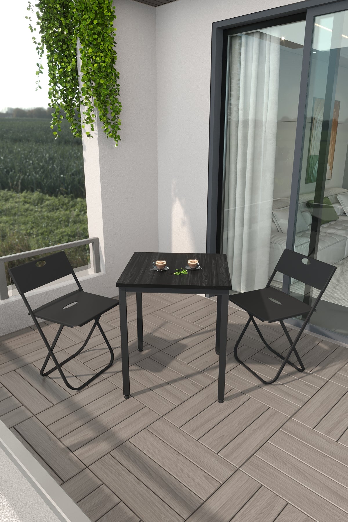 Flinder Balkon Bahçe 3’lü Bistro Set | 1 Masa + 2 Katlanır Sandalye – Siyah