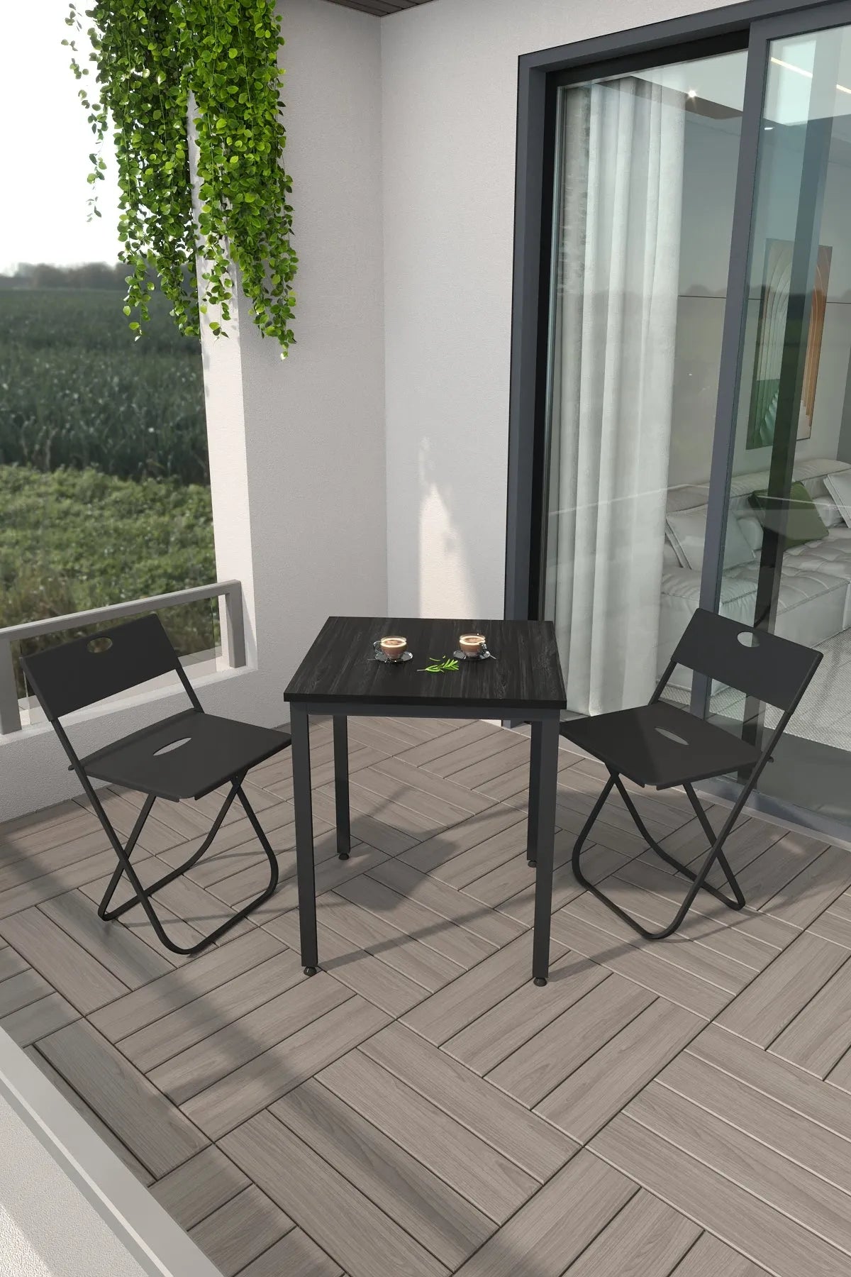 Balkon Bahçe 3'lü Bistro Seti | 1 Masa + 2 Katlanır Sandalye – Siyah