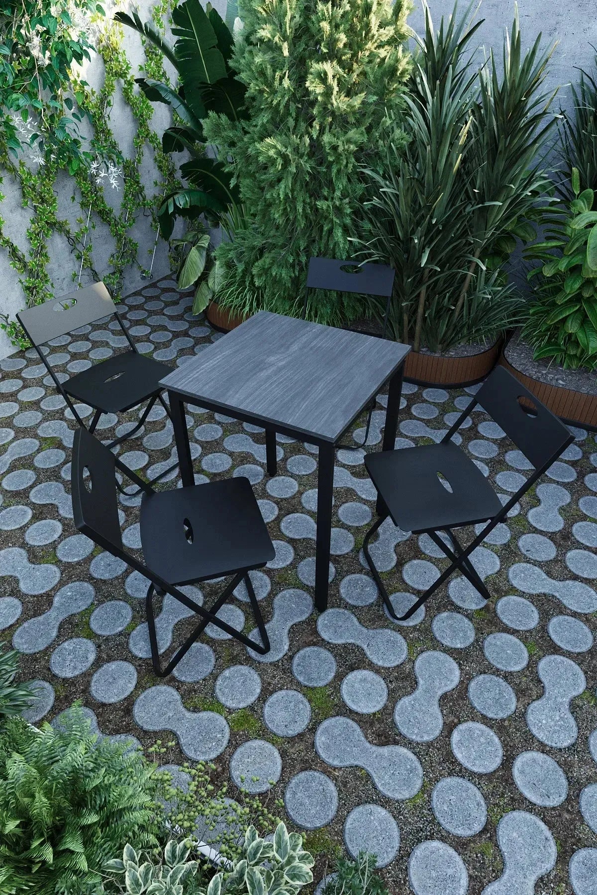 Balkon Bahçe 5'li Bistro Seti | 1 Masa + 4 Katlanır Sandalye – Siyah – Siyah