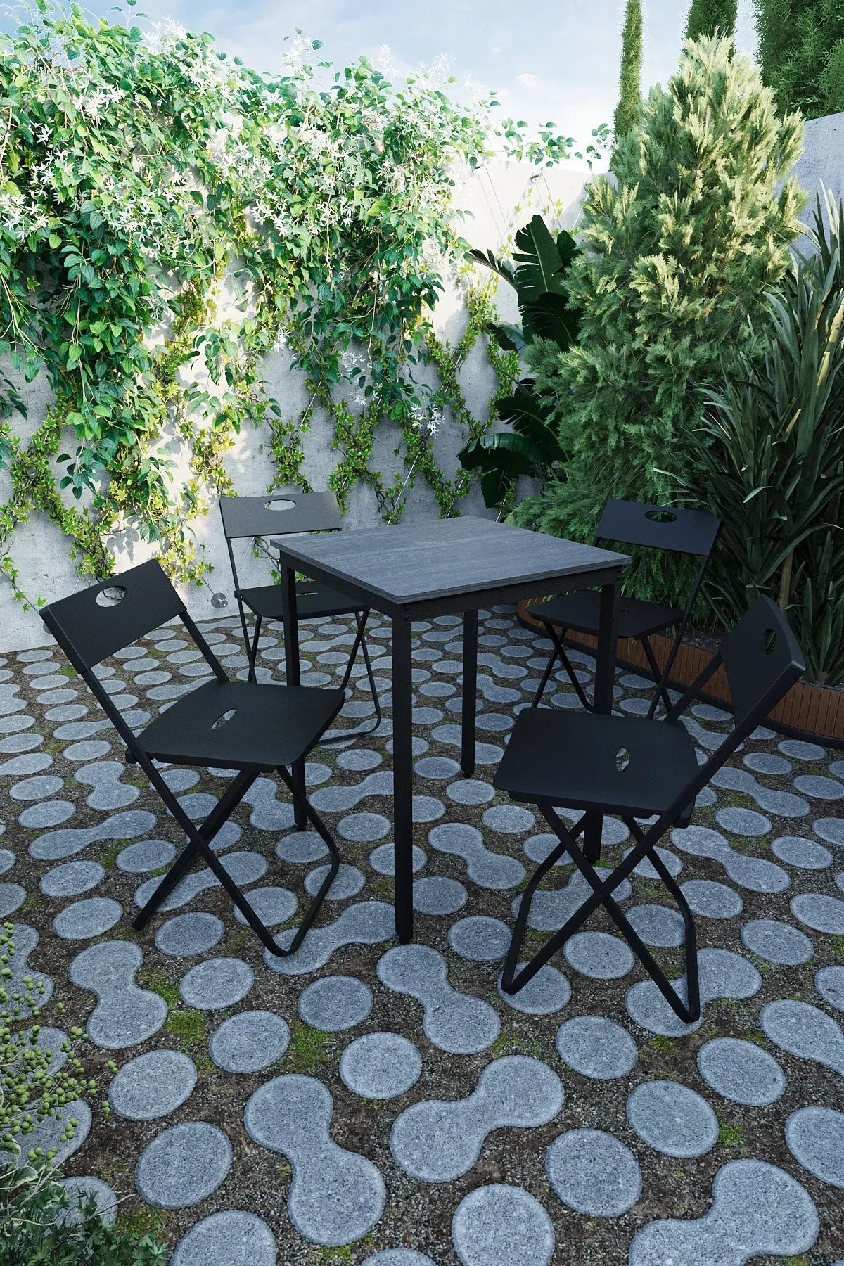 Flinder Balkon Bahçe 5’li Bistro Set | 1 Masa + 4 Katlanır Sandalye – Siyah - Siyah