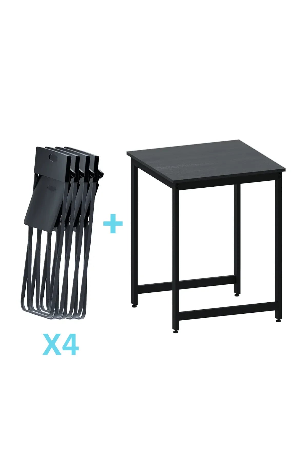 Flinder Balkon Bahçe 5’li Bistro Set | 1 Masa + 4 Katlanır Sandalye – Siyah - Siyah