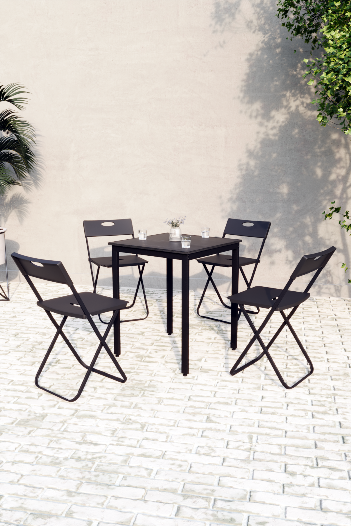 Flinder Balkon Bahçe 5’li Bistro Set | 1 Masa + 4 Katlanır Sandalye – Siyah - Siyah