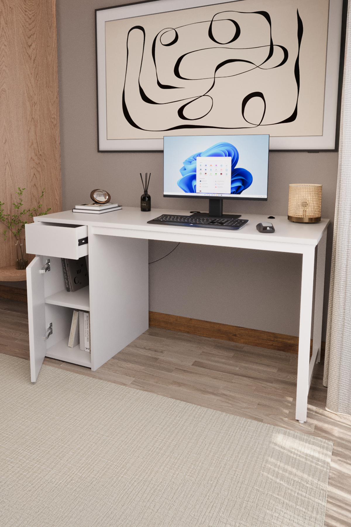 Flinder Kesonlu Çalışma Masası 140x60 cm | Beyaz Kesonlu Bilgisayar Masası & Ofis Masası