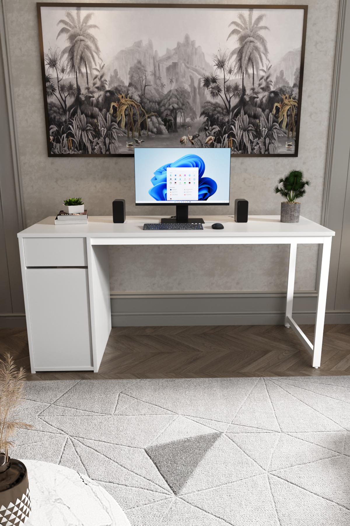 Kesonlu Çalışma Masası 160x60 cm | Beyaz Kesonlu Bilgisayar Masası & Ofis Masası