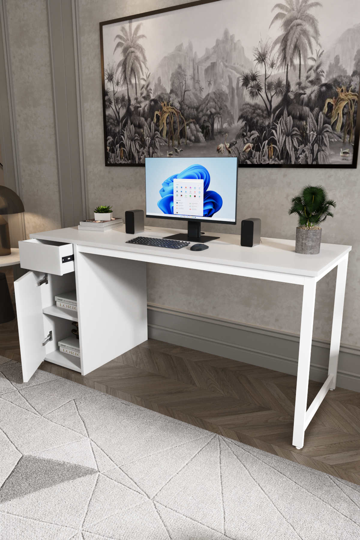 Flinder Kesonlu Çalışma Masası 160x60 cm | Beyaz Kesonlu Bilgisayar Masası & Ofis Masası