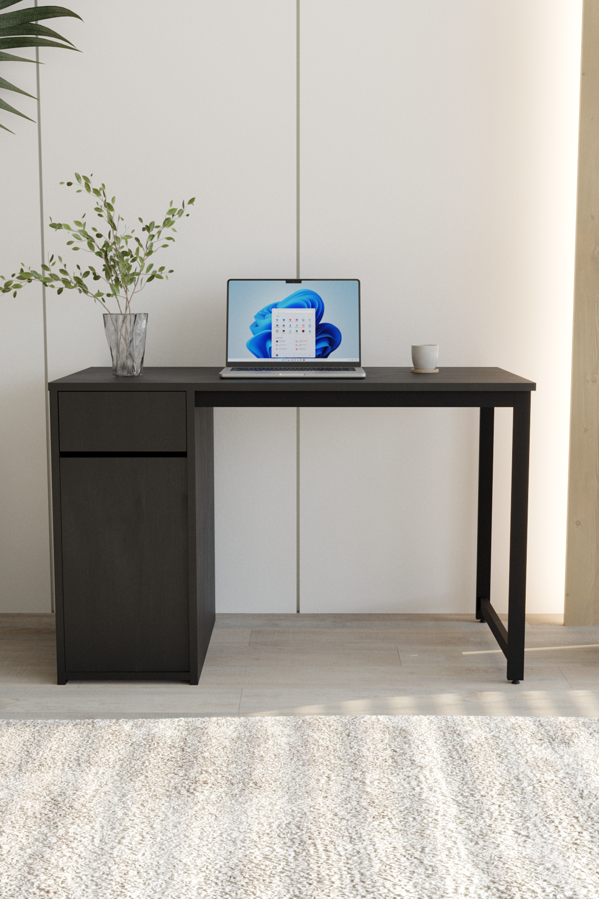 Flinder Kesonlu Çalışma Masası 120x60 | Beyaz Kesonlu Bilgisayar Masası & Ofis Masası Siyah