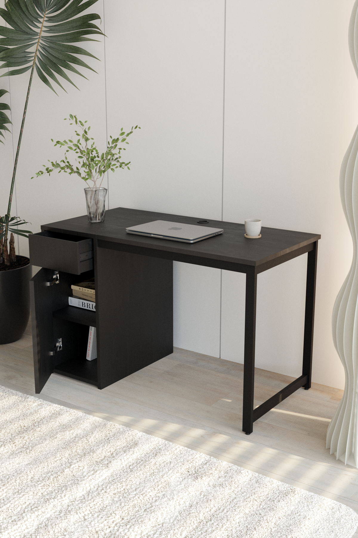 Flinder Kesonlu Çalışma Masası 120x60 | Beyaz Kesonlu Bilgisayar Masası & Ofis Masası Siyah