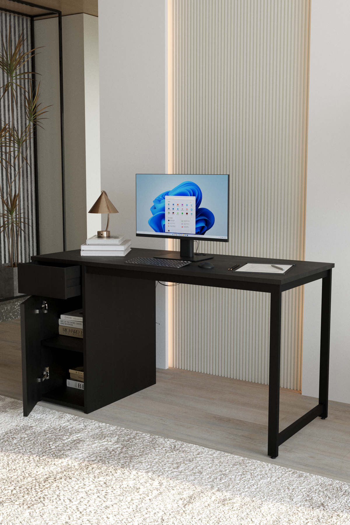 Flinder Kesonlu Çalışma Masası 140x60 | Siyah Kesonlu Bilgisayar Masası & Ofis Masası