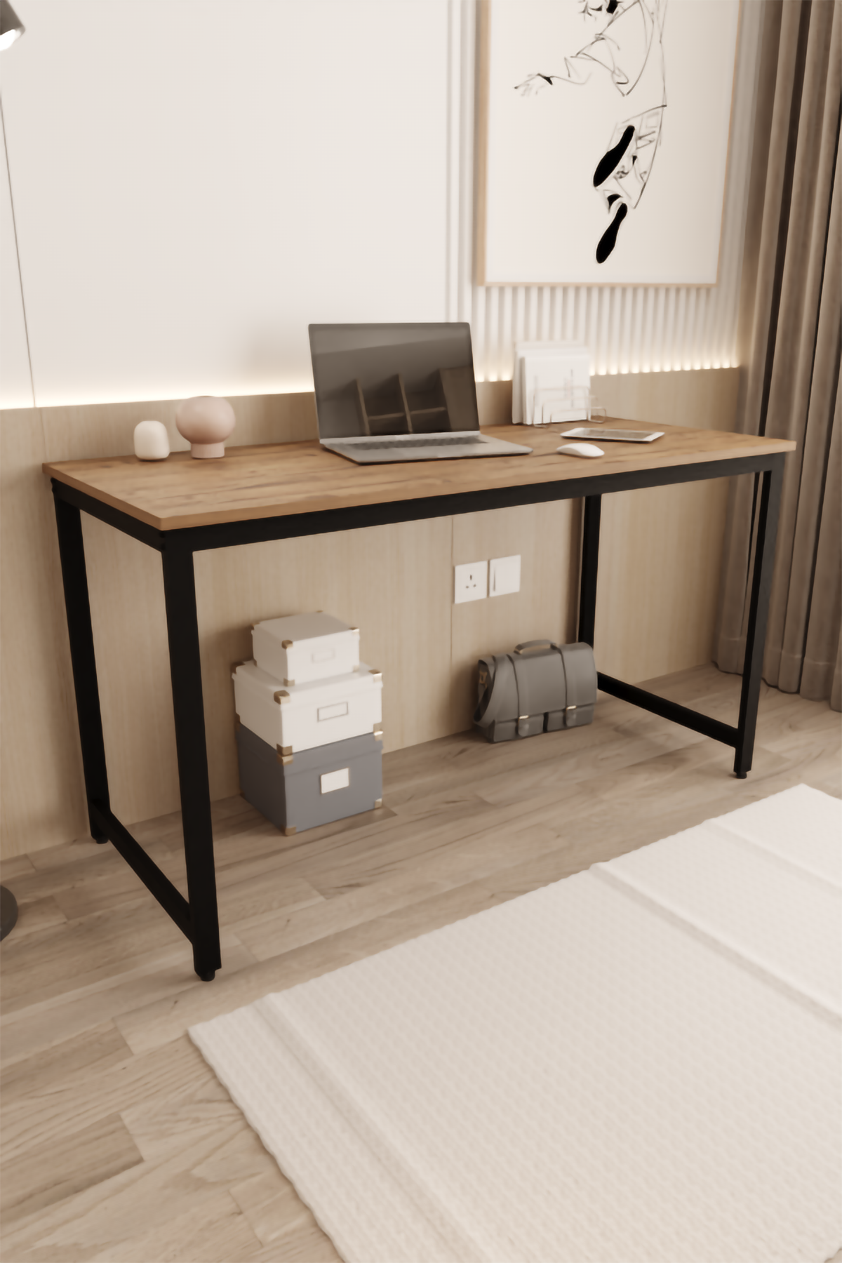 Flinder Çalışma Masası Bilgisayar Masası Ofis Masası 60x140 | Çam – Siyah Ayak