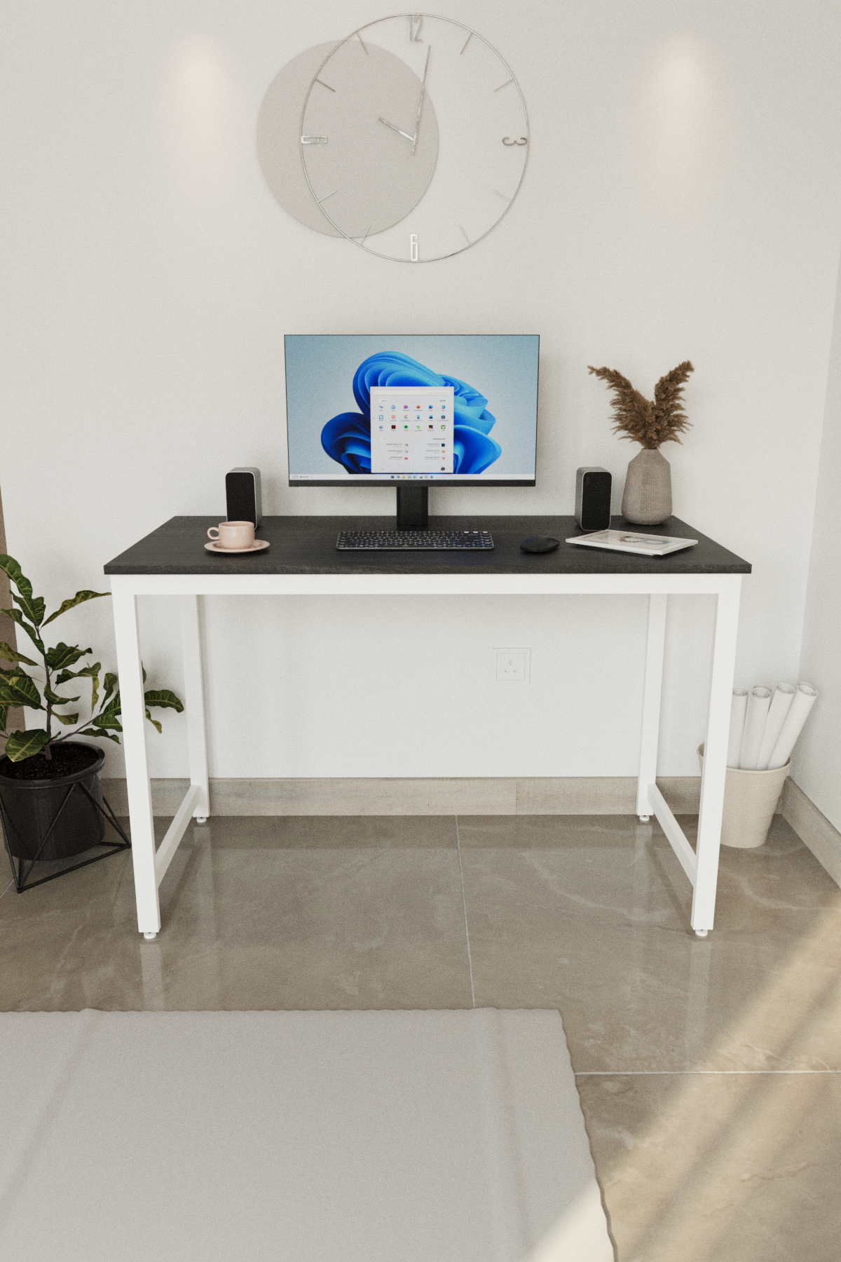 Flinder Çalışma Masası Bilgisayar Masası Ofis Masası 60x120 | Siyah – Beyaz Ayak