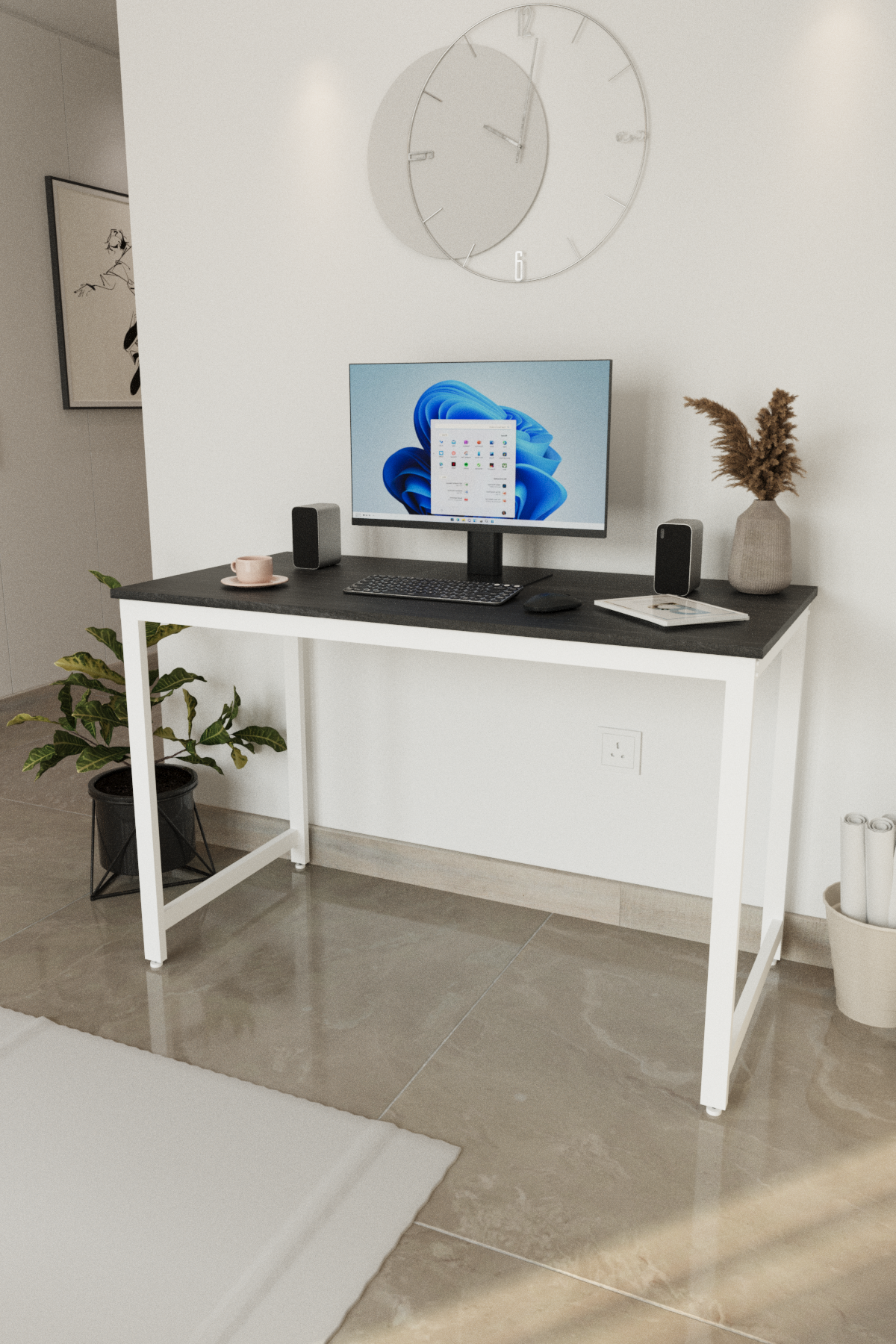 Flinder Çalışma Masası Bilgisayar Masası Ofis Masası 60x120 | Siyah – Beyaz Ayak