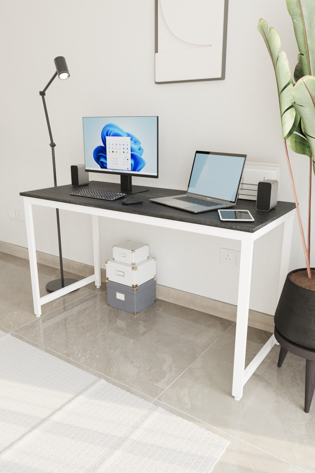 Flinder Çalışma Masası Bilgisayar Masası Ofis Masası 60x140 | Siyah – Beyaz Ayak