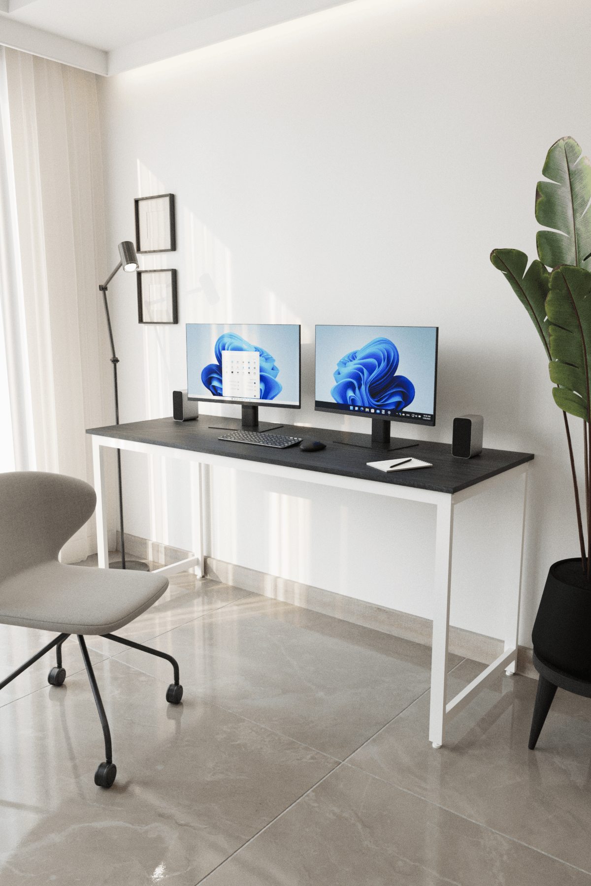 Flinder Çalışma Masası Bilgisayar Masası Ofis Masası 60x160 | Siyah – Beyaz Ayak