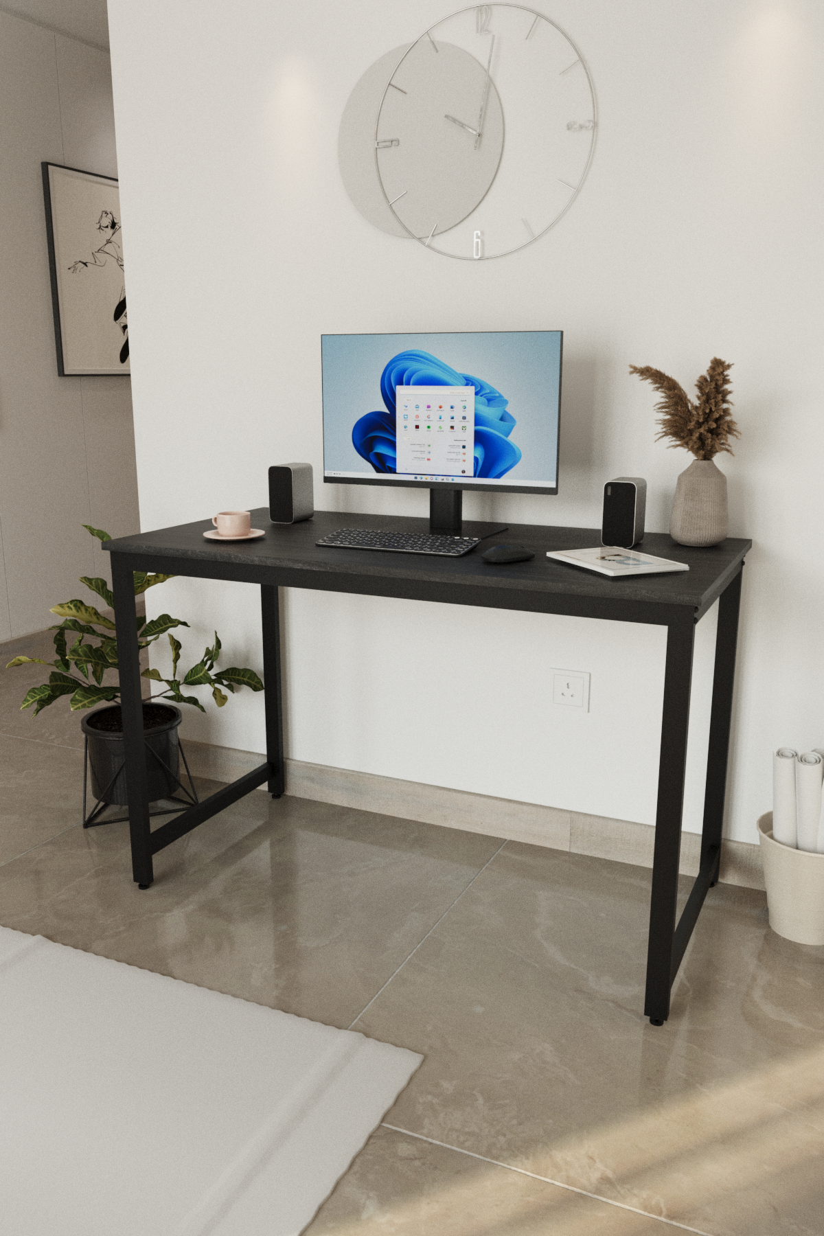 Flinder Çalışma Masası Bilgisayar Masası Ofis Masası 60x120 | Siyah Yüzey – Siyah Ayak
