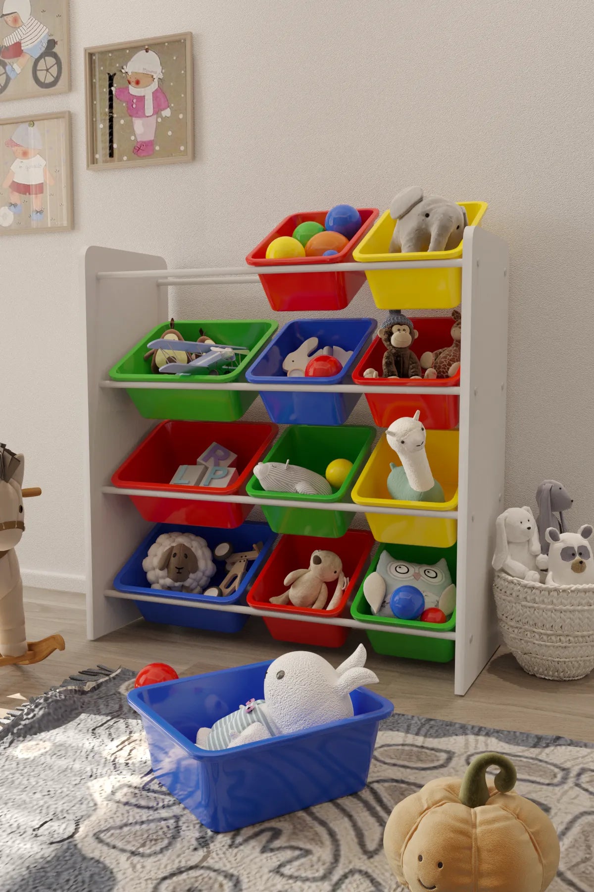 12 Sepetli Montessori Oyuncak Dolabı | Çok Amaçlı Düzenleyici Dolap - Çok Renkli
