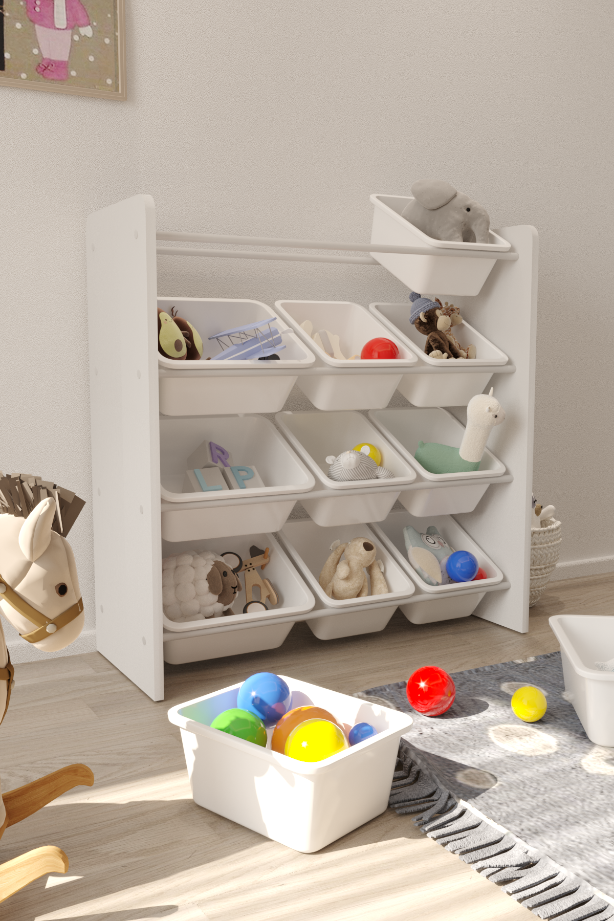 Flinder 12 Sepetli Montessori Oyuncak Dolabı | Çok Amaçlı Düzenleyici Dolap - Beyaz Sepetli