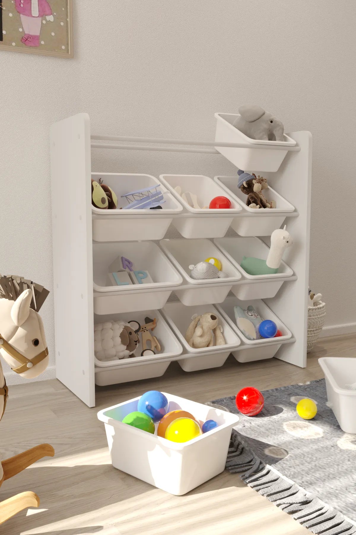 12 Sepetli Montessori Oyuncak Dolabı | Çok Amaçlı Düzenleyici Dolap - Beyaz Sepetli