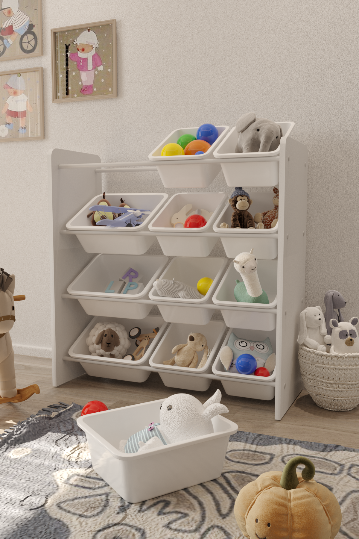 Flinder 12 Sepetli Montessori Oyuncak Dolabı | Çok Amaçlı Düzenleyici Dolap - Beyaz Sepetli