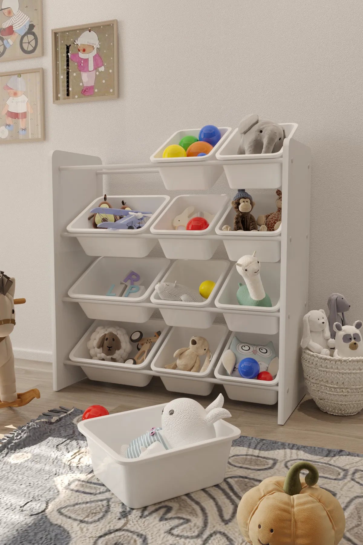 12 Sepetli Montessori Oyuncak Dolabı | Çok Amaçlı Düzenleyici Dolap - Beyaz Sepetli