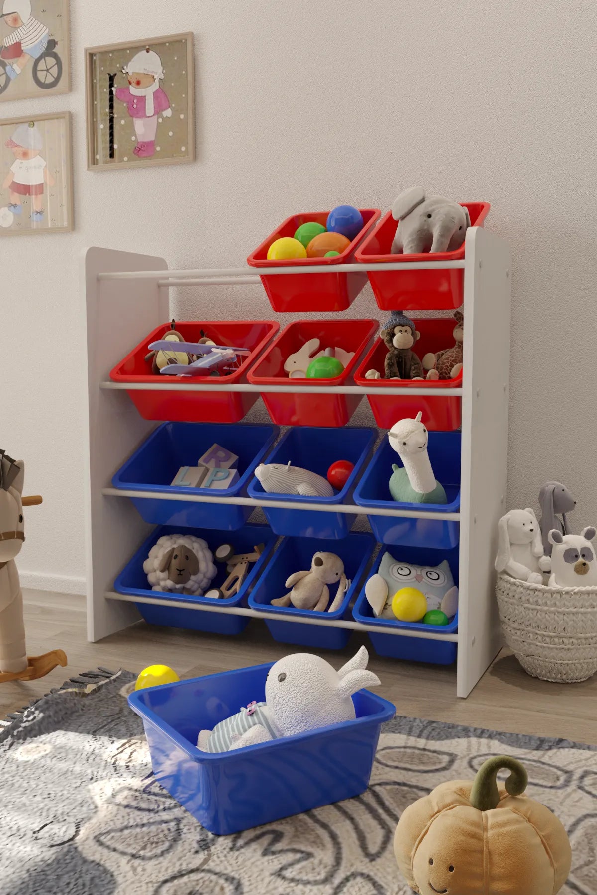 12 Sepetli Montessori Oyuncak Dolabı | Çok Amaçlı Düzenleyici Dolap - Kırmızı Mavi Sepetli