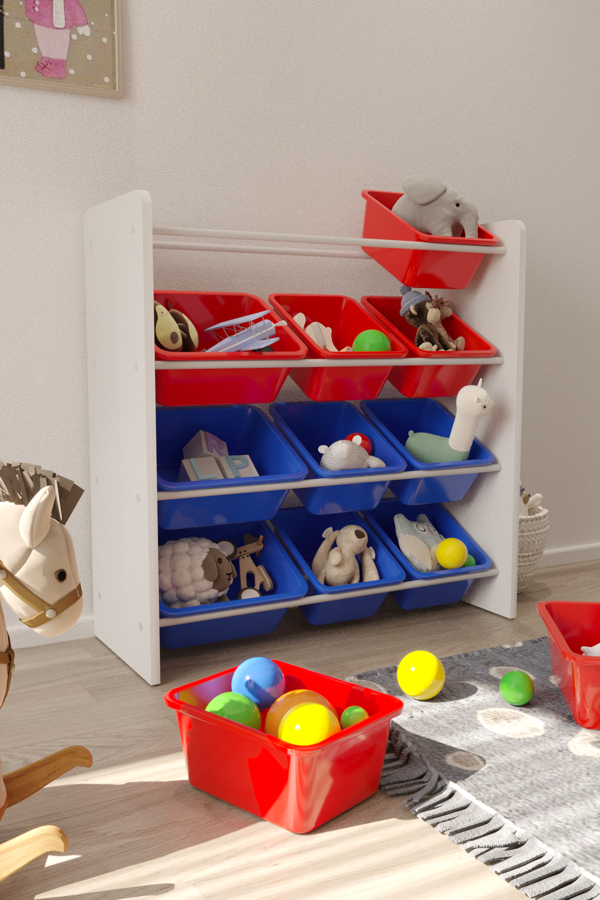 Flinder 12 Sepetli Montessori Oyuncak Dolabı | Çok Amaçlı Düzenleyici Dolap - Kırmızı Mavi Sepetli
