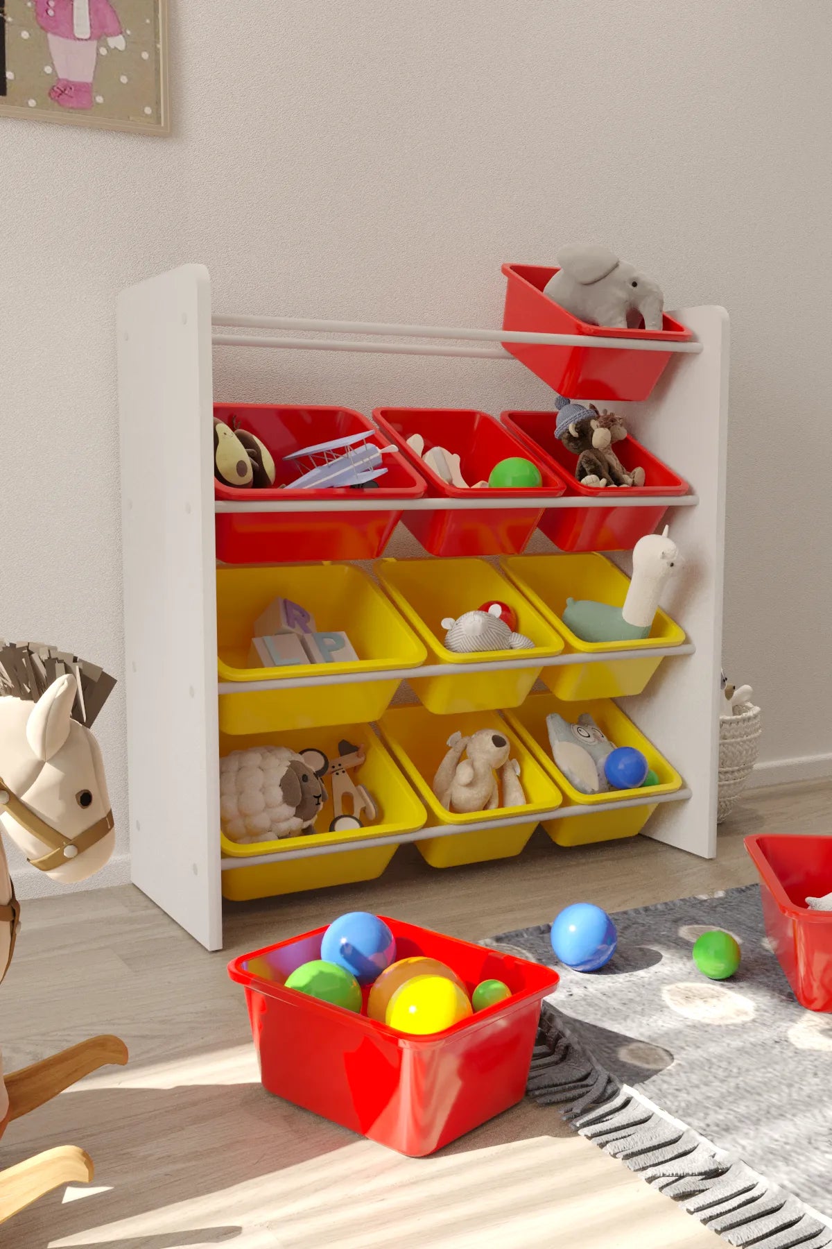 12 Sepetli Montessori Oyuncak Dolabı | Çok Amaçlı Düzenleyici Dolap - Kırmızı Sarı Sepetli