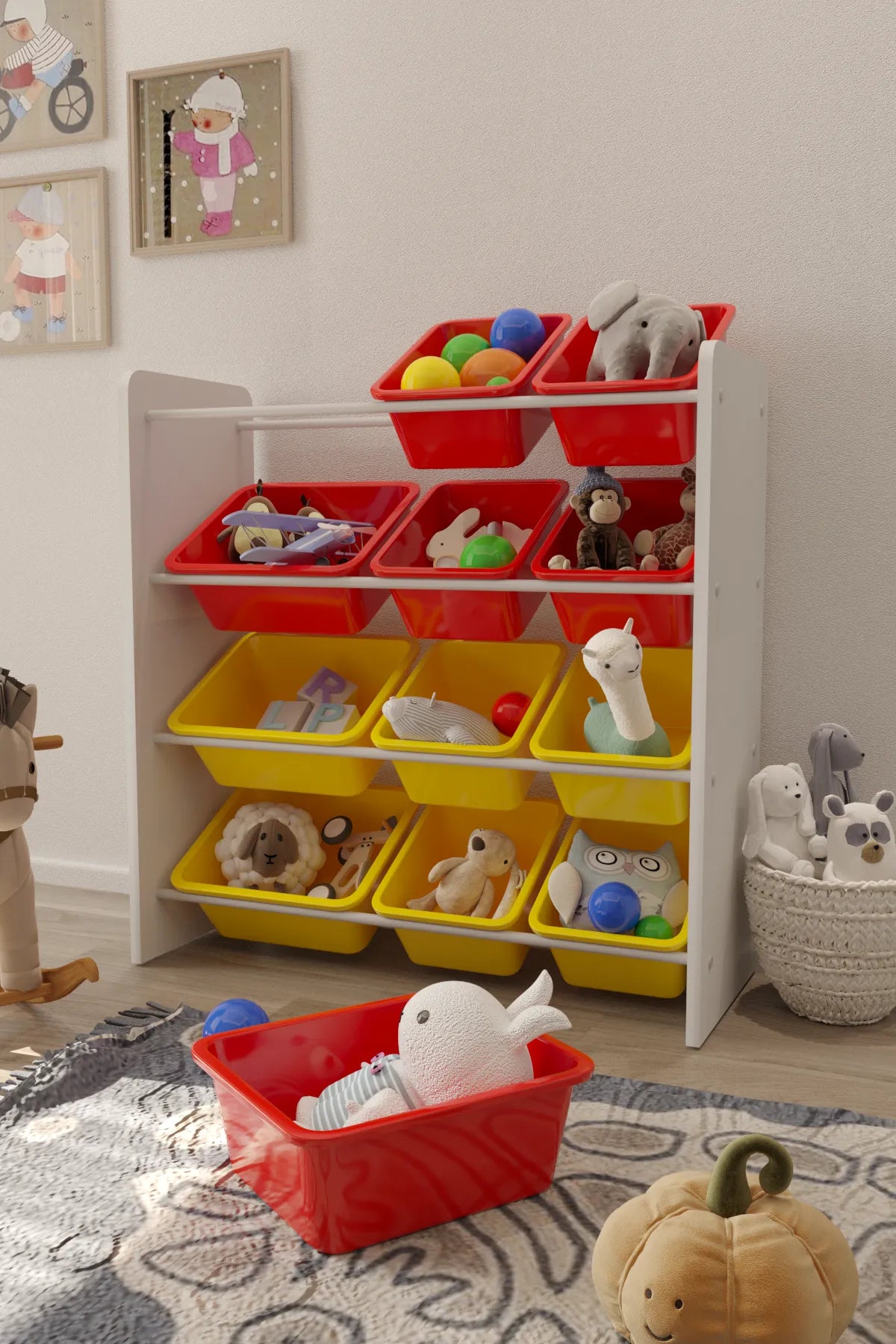 12 Sepetli Montessori Oyuncak Dolabı | Çok Amaçlı Düzenleyici Dolap - Kırmızı Sarı Sepetli
