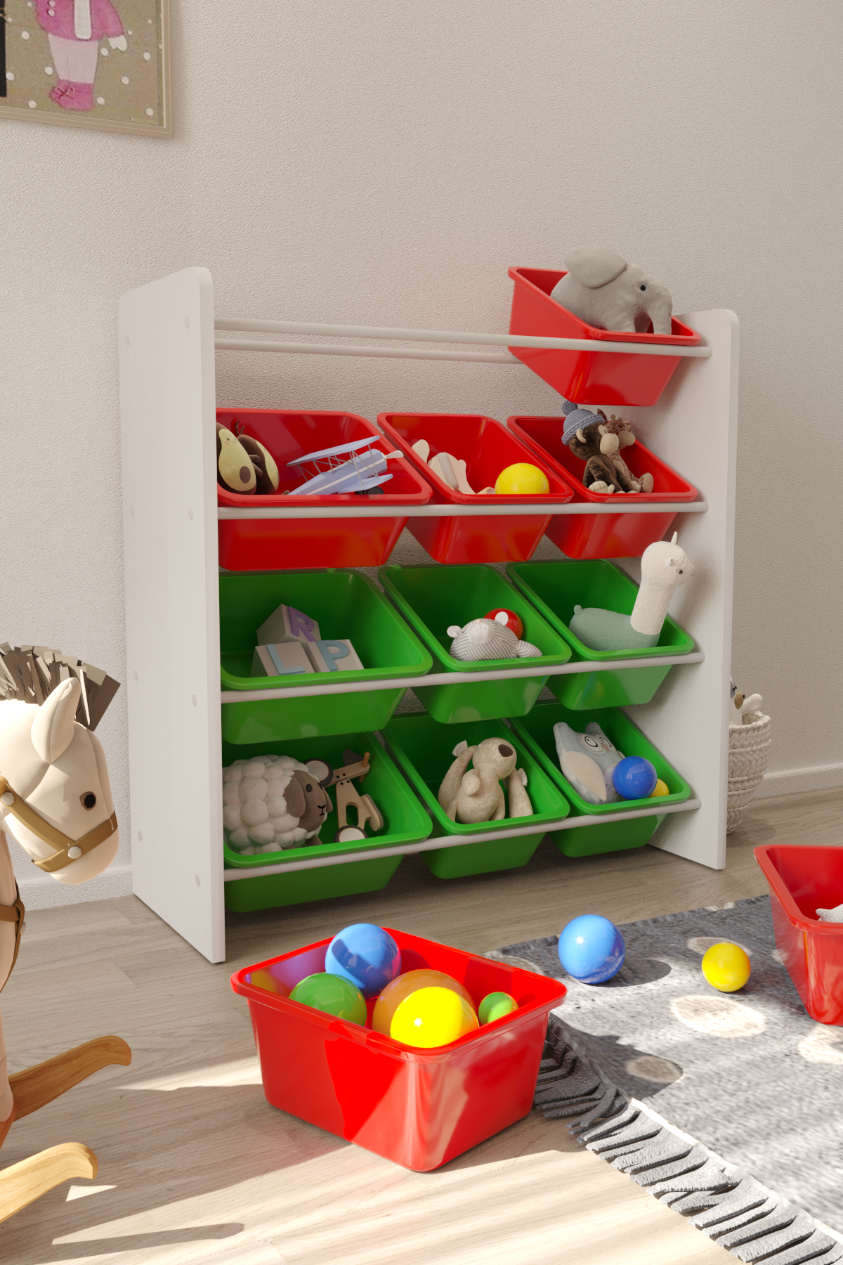 Flinder 12 Sepetli Montessori Oyuncak Dolabı | Çok Amaçlı Düzenleyici Dolap - Kırmızı Yeşil Sepetli
