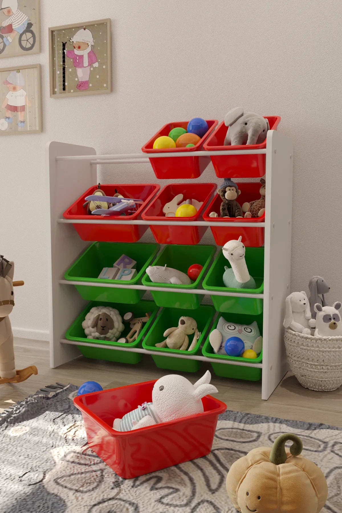 12 Sepetli Montessori Oyuncak Dolabı | Çok Amaçlı Düzenleyici Dolap - Kırmızı Yeşil Sepetli