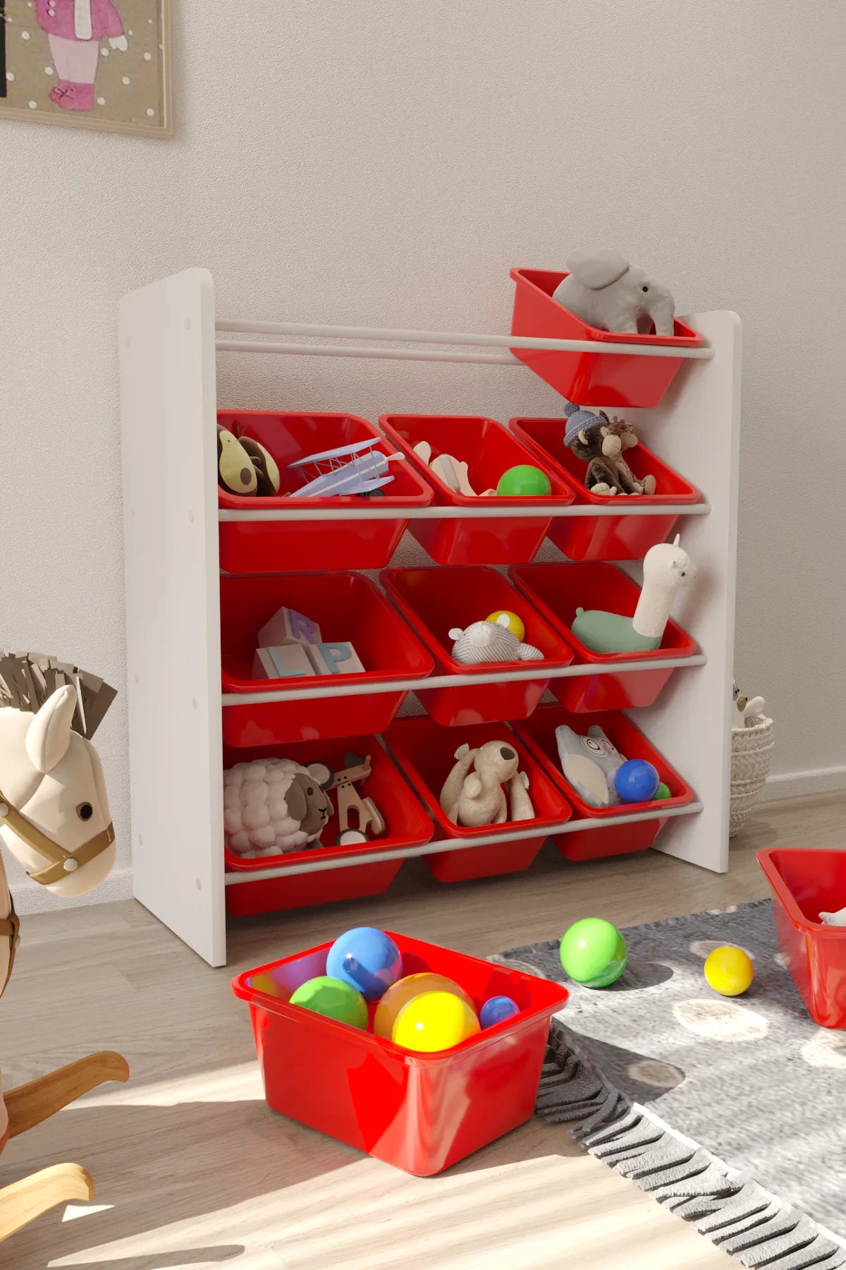 12 Sepetli Montessori Oyuncak Dolabı | Çok Amaçlı Düzenleyici Dolap - Kırmızı Sepetli