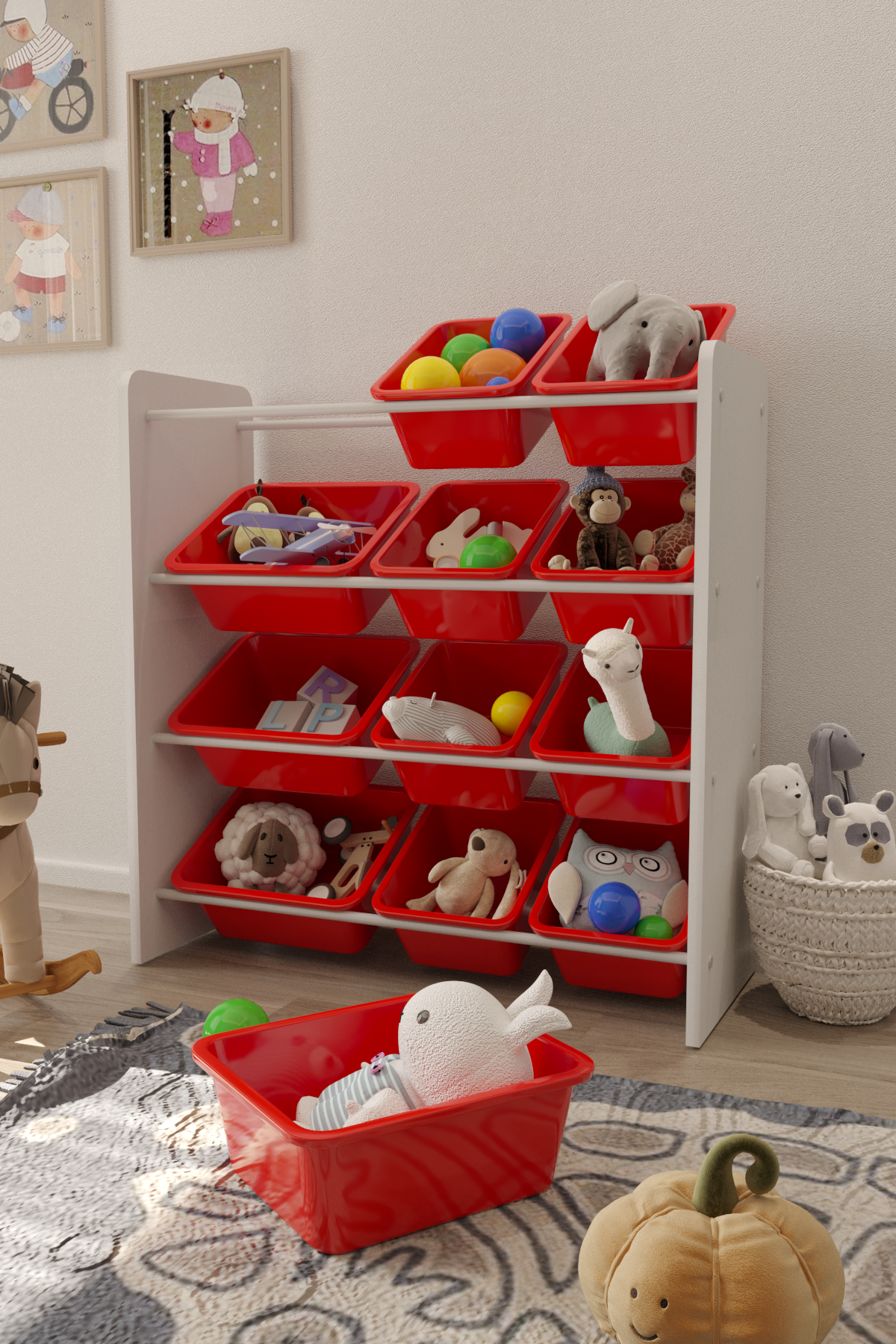 Flinder 12 Sepetli Montessori Oyuncak Dolabı | Çok Amaçlı Düzenleyici Dolap - Kırmızı Sepetli