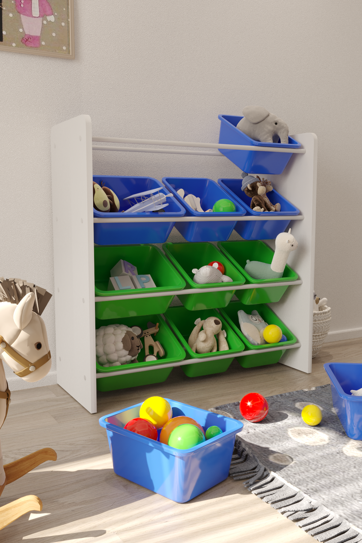 Flinder 12 Sepetli Montessori Oyuncak Dolabı | Çok Amaçlı Düzenleyici Dolap - Mavi Yeşil Sepetli