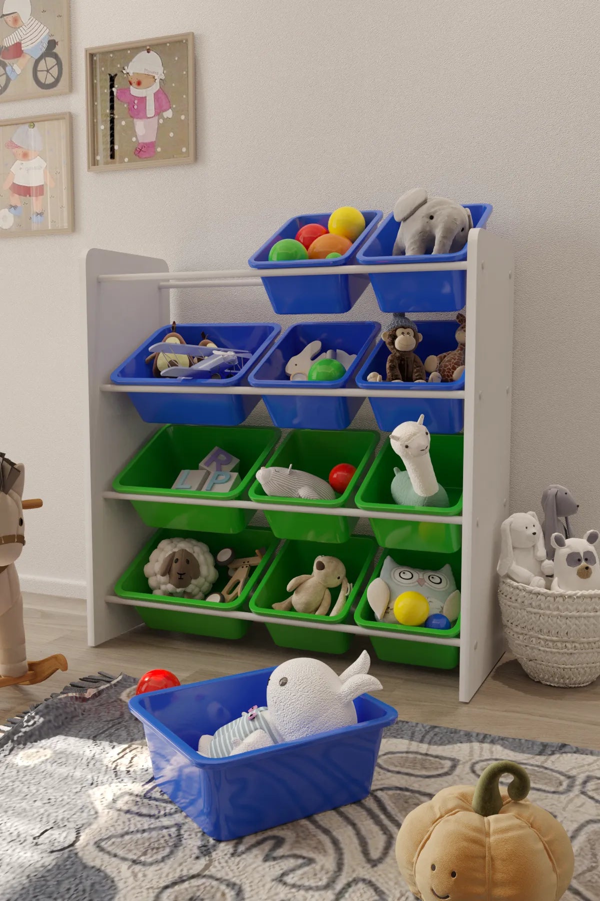 12 Sepetli Montessori Oyuncak Dolabı | Çok Amaçlı Düzenleyici Dolap - Mavi Yeşil Sepetli