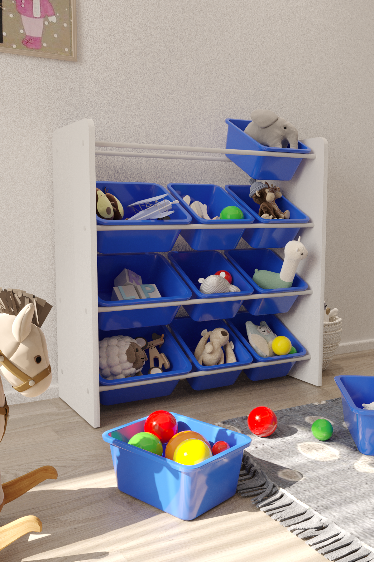 Flinder 12 Sepetli Montessori Oyuncak Dolabı | Çok Amaçlı Düzenleyici Dolap - Mavi Sepetli