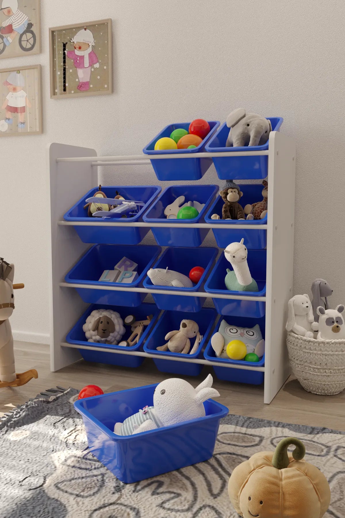 12 Sepetli Montessori Oyuncak Dolabı | Çok Amaçlı Düzenleyici Dolap - Mavi Sepetli