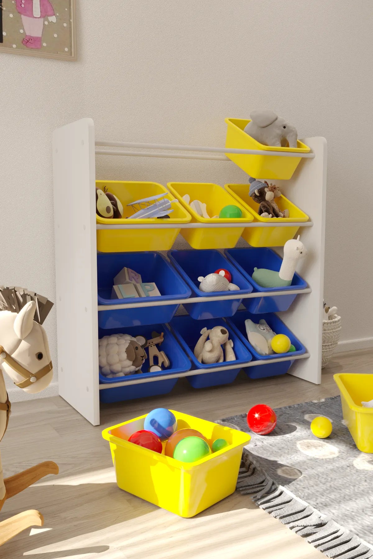 12 Sepetli Montessori Oyuncak Dolabı | Çok Amaçlı Düzenleyici Dolap - Sarı Mavi Sepetli