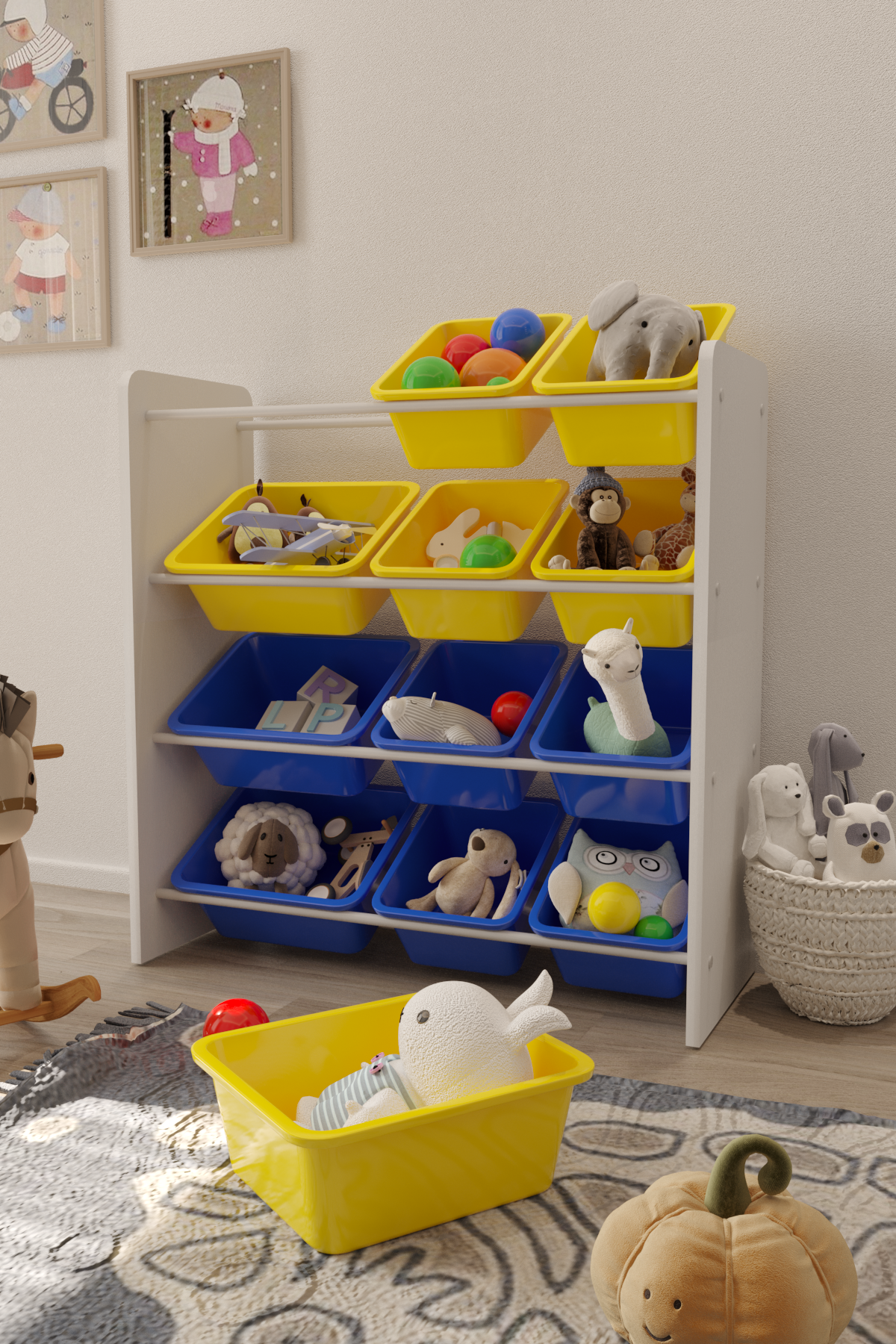 Flinder 12 Sepetli Montessori Oyuncak Dolabı | Çok Amaçlı Düzenleyici Dolap - Sarı Mavi Sepetli