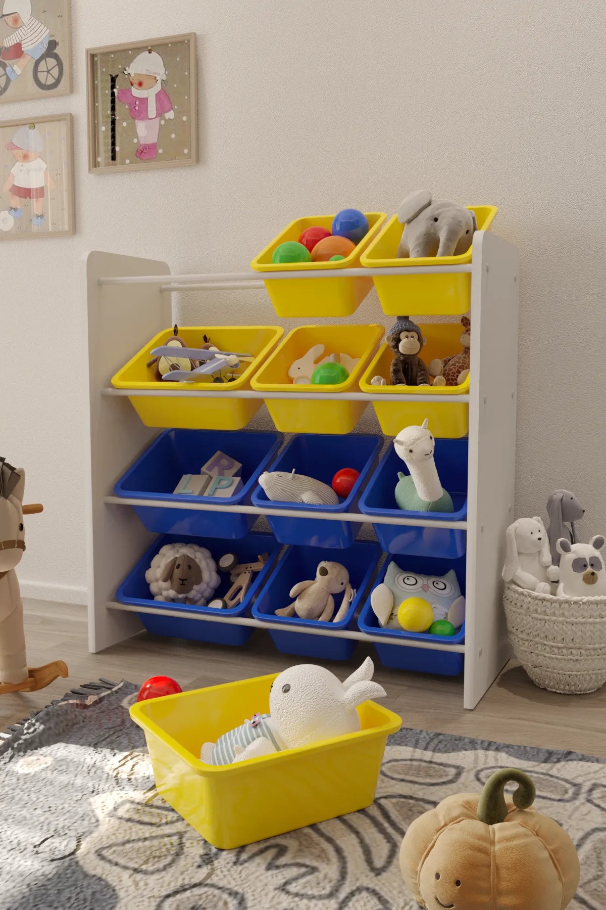 12 Sepetli Montessori Oyuncak Dolabı | Çok Amaçlı Düzenleyici Dolap - Sarı Mavi Sepetli
