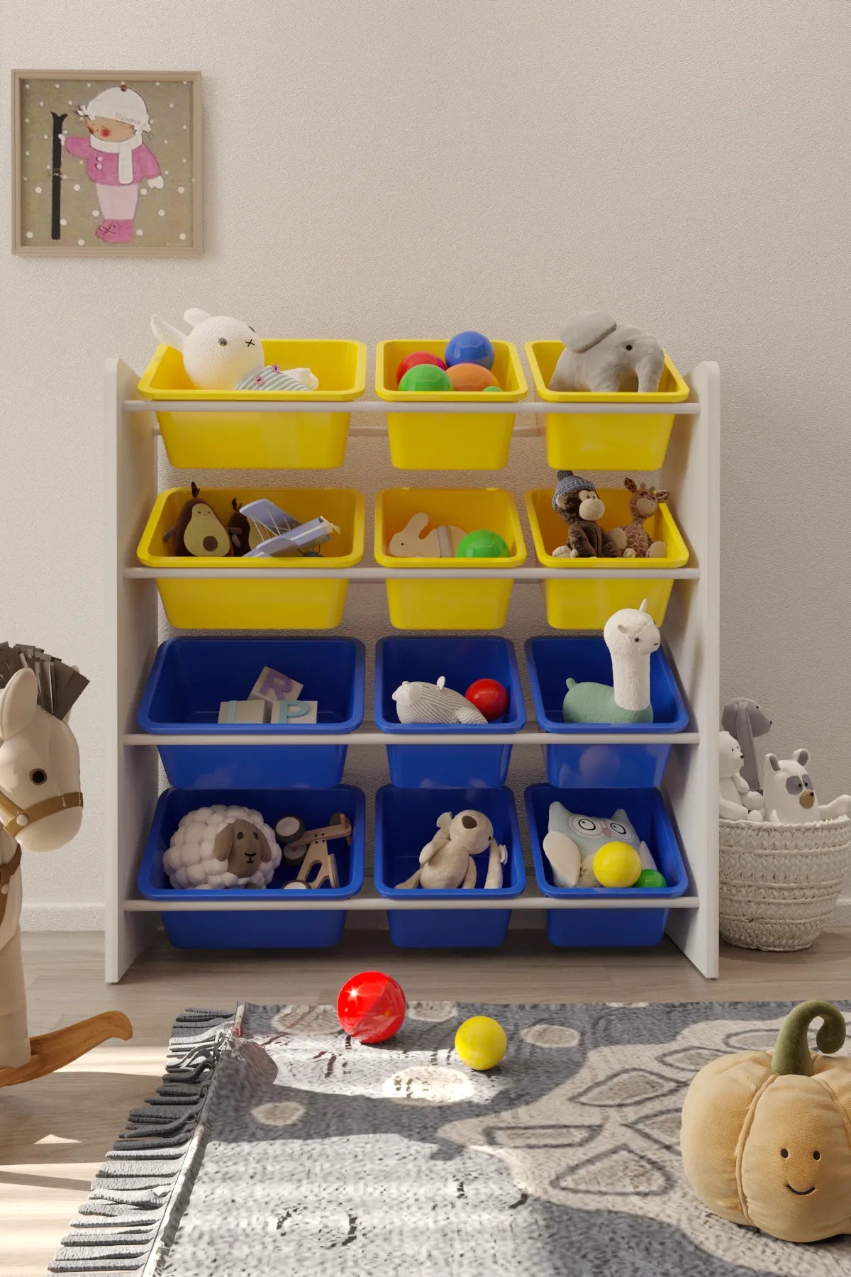 12 Sepetli Montessori Oyuncak Dolabı | Çok Amaçlı Düzenleyici Dolap - Sarı Mavi Sepetli