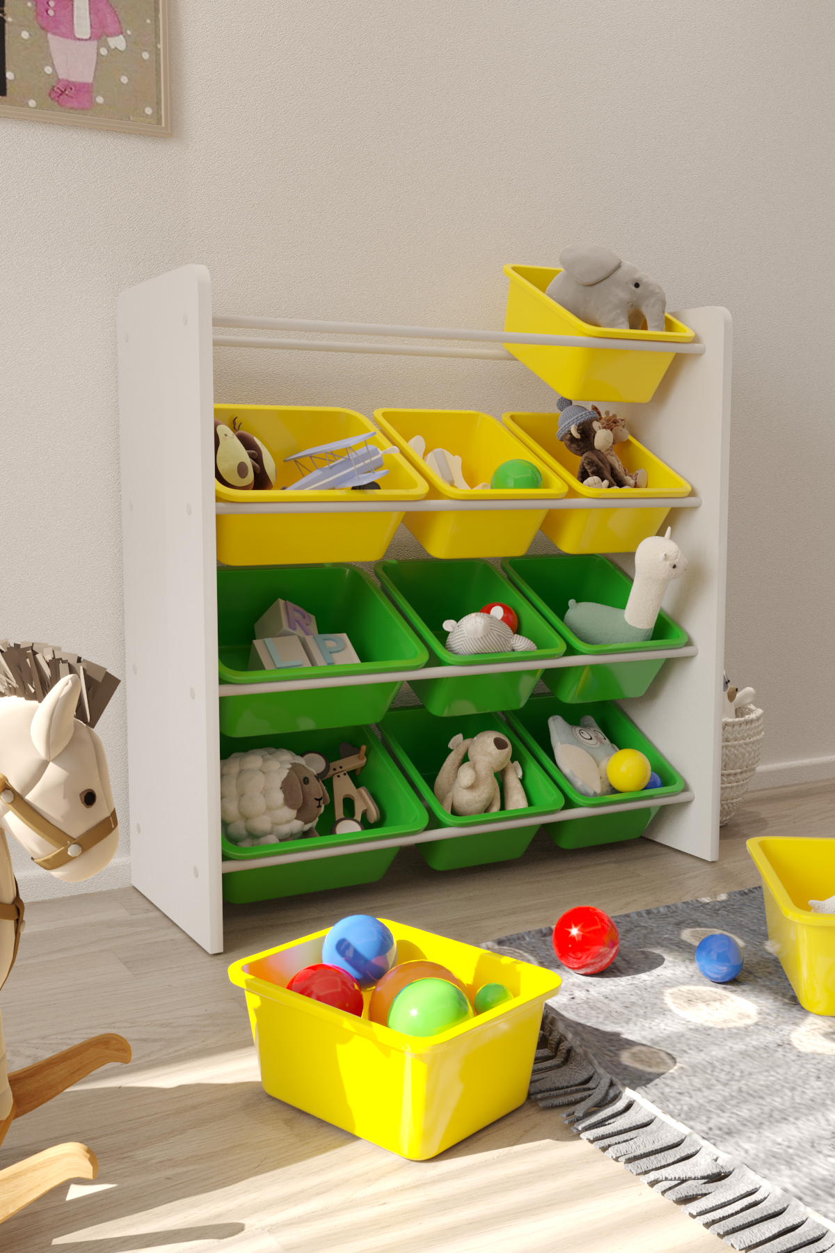 Flinder 12 Sepetli Montessori Oyuncak Dolabı | Çok Amaçlı Düzenleyici Dolap - Sarı Yeşil Sepetli
