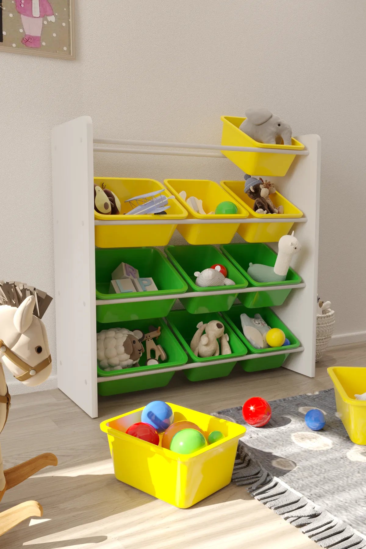 12 Sepetli Montessori Oyuncak Dolabı | Çok Amaçlı Düzenleyici Dolap - Sarı Yeşil Sepetli